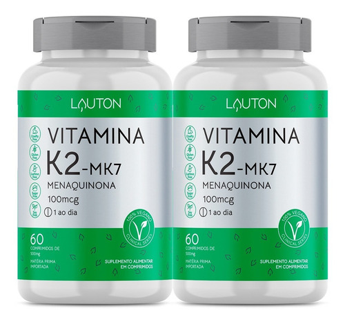 Combo 2 Vitamina K2 Mk7 - Menaquinona 100mcg 60 Caps Lauton Sabor Sem sabor