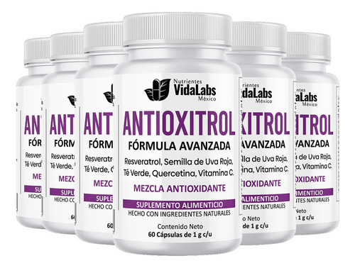 Pack 6 Antioxitrol Nutrientes Vidalabs México Trans Resveratrol Premium Sabor Sin sabor