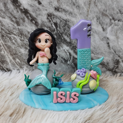 Imagem 7 de 7 de Topo Bolo Personalizado Biscuit Vela Sereia Cabelo Preto