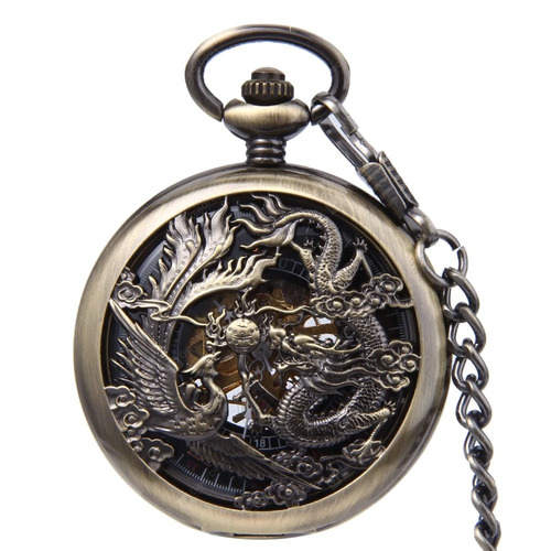 Relógio De Bolso Mecânico Fenghuang Fênix E Dragão A Corda