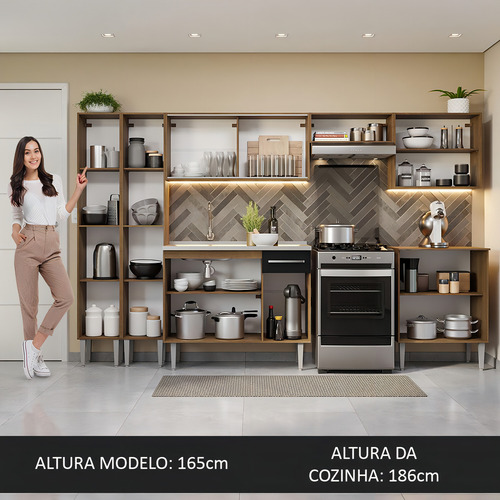 Armário Cozinha Completa 293cm Com Pia Emilly Madesa 06 Rp Cor Rustic/Preto