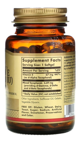 Vitamina E 67mg 100ui Solgar Tocoferol 100soft Importado Eua