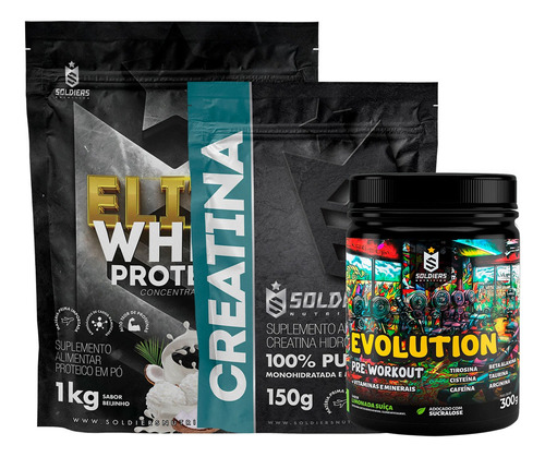 Kit:elite Whey 80% 1kg+creatina 150g+prétreino Evolution300g Sabor Elite Beijinho - Evolution Limonada Suíça