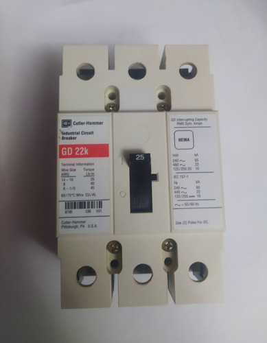 Cutler Hammer Gd22k Circuit Breaker 3 Pole 25 A Contactor (Usado)