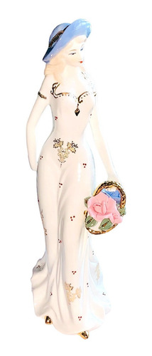Figura Dama Ceramica Alta Calidad Con Flor Grande 31 Cm Rosa