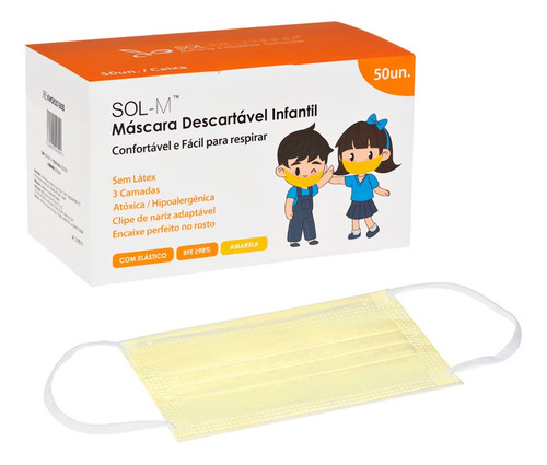 Imagem 1 de 8 de 50 Máscaras Descartáveis Tripla Camada Infantil Amarela