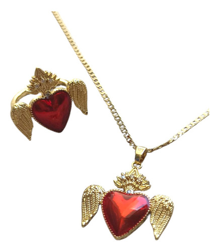 Juego Cadena Y Anillo Corazón Con Alas Oro Laminado 18k Oro