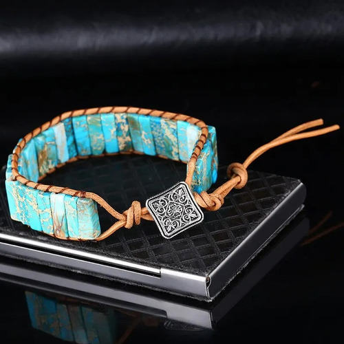 Pulseira Cigano Tibetano Em Couro - Azul Mesclado Ajustável