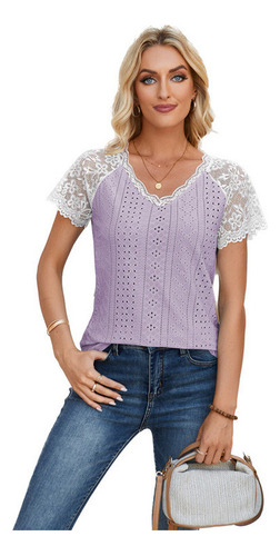 Camiseta Informal Con Cuello En V Y Panel Encaje Con Ojales