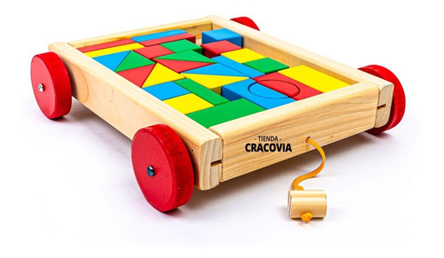 Juego Carro Madera 28 Bloques Construcción Tira De Arrastre