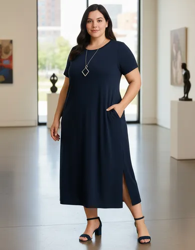 Vestido Plus Size Feminino Liso Manga Curta E Bolso Embutido