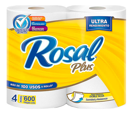 Papel Higiénico Rosal Plus 600 Hojas 4 Rollos 12 Unds