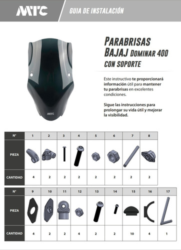 Parabrisa + Soportes Bajaj Dominar 400 55cm Transparente Mtc