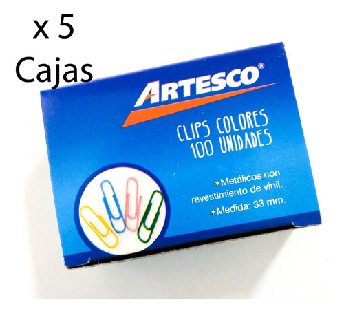 5 Cajas De Clips De Colores Nro 1 (33mm) Artesco 500 Clips 