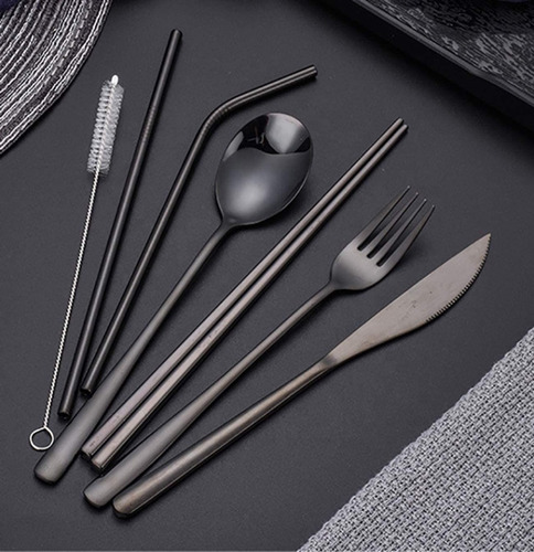 Set De 7 Cubiertos Negro + Incluye Bolsa
