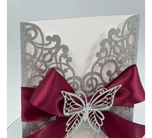 40 Sobres Glitter Invitación Corte Láser Suaje 16x11 Plateado