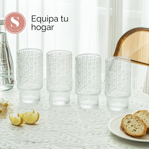 Set 4 Vasos Vidrio Relieve Flor Begonia 280ml Agua Cafe