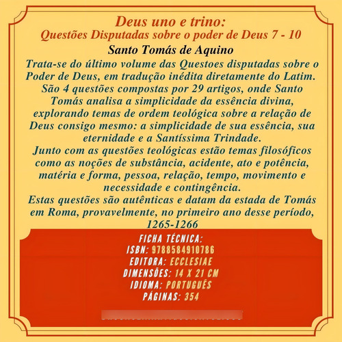 Livro Deus Uno E Trino - Santo Tomás De Aquino - Ecclesiae