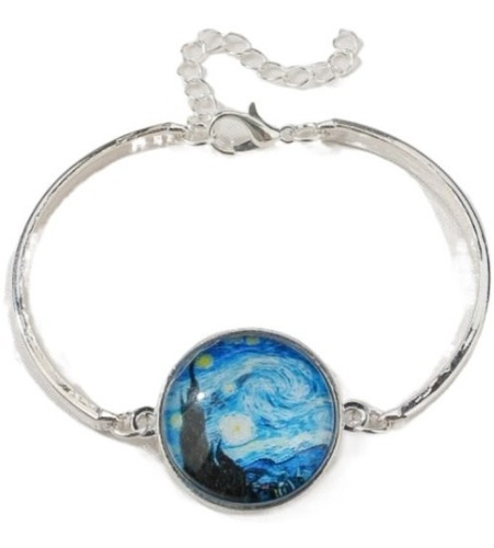 Pulsera Plateada Con Dije Redondo Noche Estrellada Van Gogh