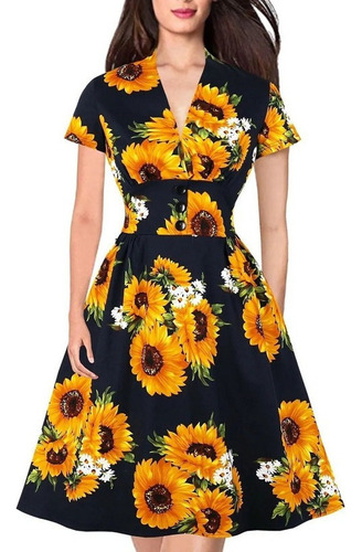 Vestido Elegante Con Cuello En V, Diseño De Girasoles