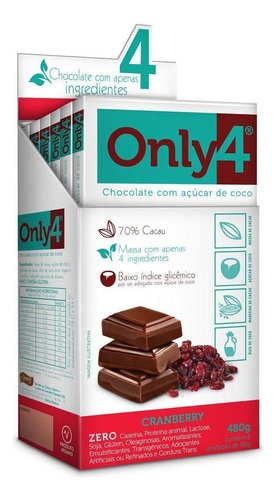 Chocolate 70% Cacau Com Cranberry 80g - Only4 Only4 Tudo Zero Leite Indústria de Alimentos Veganos Ltda.  cranberry com 70% cacau cranberry sem glúten cartucho 80 g 4 u