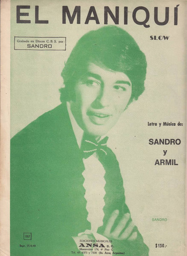 1968 Argentina Partitura Sandro Slow El Maniqui