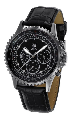 Konigswerk Mens Multifunción Cuero Banda Reloj Negro