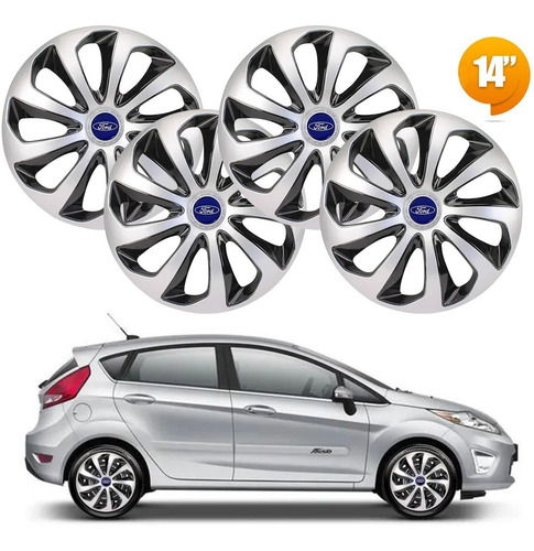 Jogo 4 Calota Velox Aro 14 Prata / Preta Ford Fiesta
