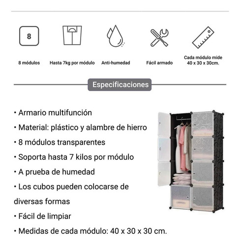 Closet Armario Multifuncion 8 Moldulos Transparente Desarmab Color Negro