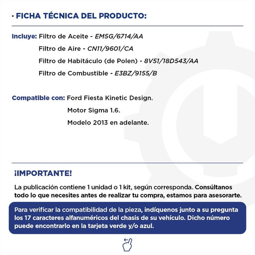 Imagen 2 de 9 de Kit 4 Filtros Completo Ford Fiesta 1.6 Sigma Original