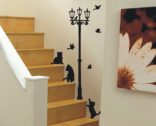 Adesivo Decorativo Sala Escada Gatos Postes Luminaria
