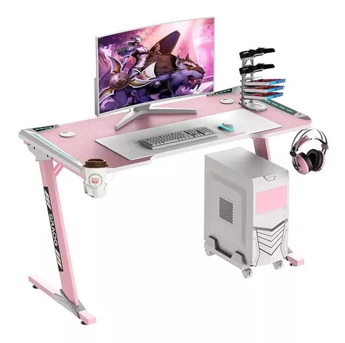 Escritorio Gamer PC 200 cm Rosa y Blanco