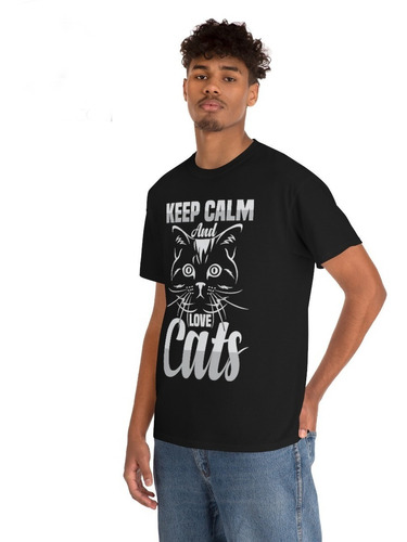 Remera Negra De Gatos Con Frase Keep Calm And Love Cats