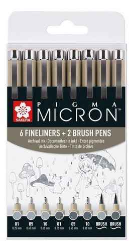 Sakura Pigma Micron 6 Microfibras Grises + 2 Brush Set