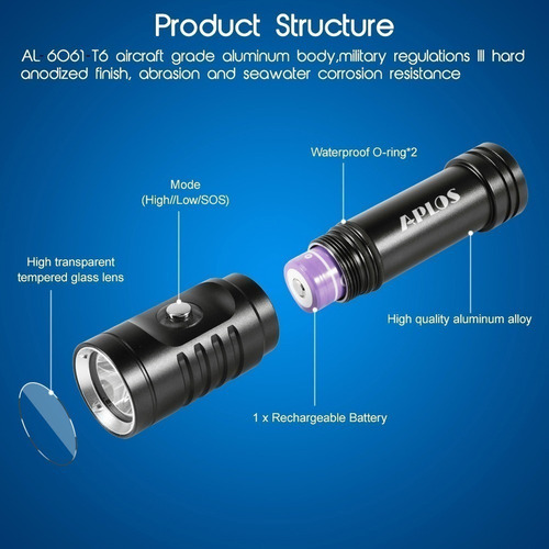 Lanterna De Mergulho Aplos Ap01 1050lm Xm-l2 5000k Led Ipx8