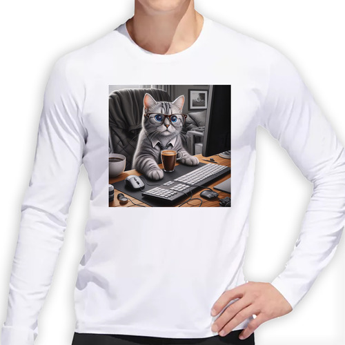 Remera Hombre Ml Gato Oficina Working Trabajo Taza Cafe M1