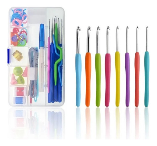 Set De Tejido Crochets Mas Bolsito Porta Ovillos Y Lanas 50g