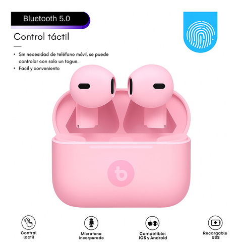 Auricular Bluetooth Inalámbrico Air 5 Pro Tactil Bulltec Rosa
