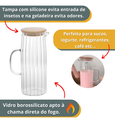 Jarra De Suco Água Em Vidro Resistente Com Tampa Bambu 1,1l