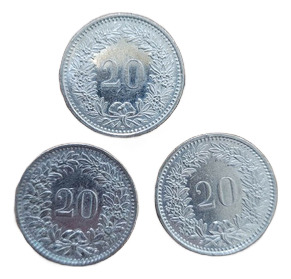 Lote 3 Moedas 20 Rappen Franco Suiço 1970,1991 E 1993 (Usado)