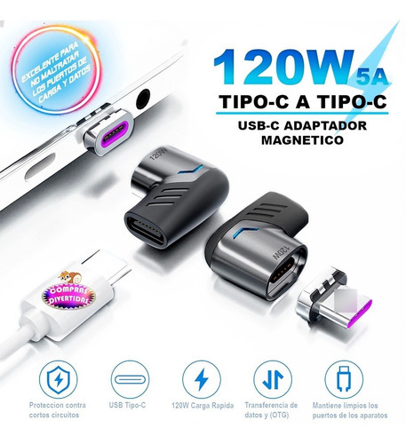 Adaptador Magnético Tipo-c A Tipo-c 120w Carga Datos Otg Color BLACK WITH GRAY OXFORD