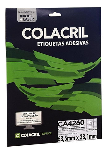 Etiqueta Adesiva Colacril A4 Ca4260 63,5x38,1mm C/525 25fls
