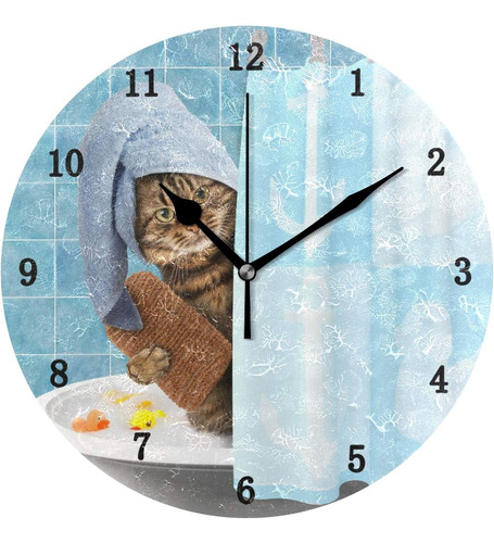 Reloj De Pared Con Diseño De Gato Que Toma Un Baño, Silencio