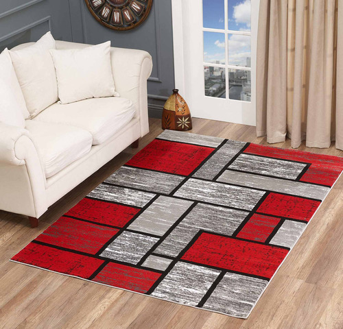 Area Rug Modern Abstract Boxes Gris Negro Turquesa Alfo...