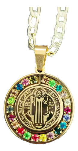 Collar Medalla San Benito,oro Laminado 18k, Zirconias,cadena