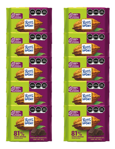 Chocolate Amargo Ritter Sport Con 81% Cacao 10pz De 100g C/u