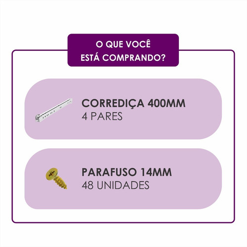 Imagem 4 de 4 de Kit 4 Par Corrediça De Gaveta 40cm Com Parafusos - 4 Gavetas