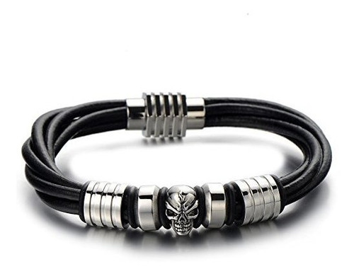 Coolsteelandbeyond, Brazalete De Cuero Negro Con Calavera Pa