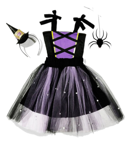 Vestido Infantil Fantasia Menina Halloween Bruxa Tiara