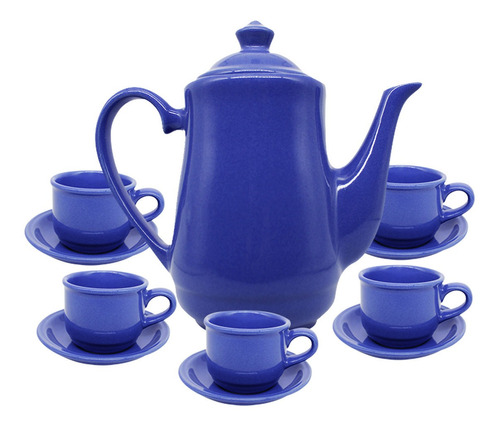 Imagem 1 de 7 de Jogo De Chá Azul Ceramica Bule Pires Cozinha Moderna 12pçs